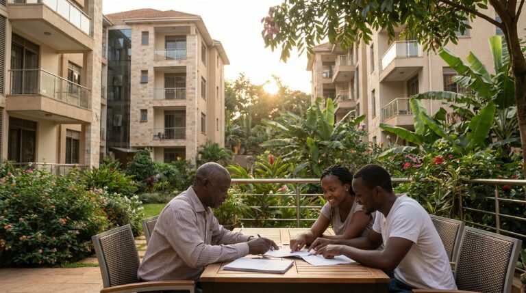 Landlord seated outside with tenants